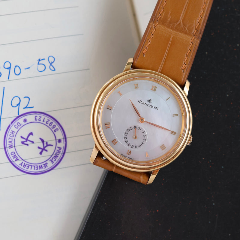 1990s Blancpain Villeret Date 18k Yellow Gold Mother of Pearl Dial 4795 with Original Papers and Booklet
