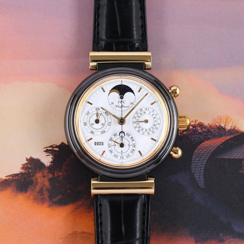 1990s IWC Da Vinci Ceramic 18k Yellow Gold Perpetual Calendar Chronograph 3755 with International Guarantee IWC service papers and documentation