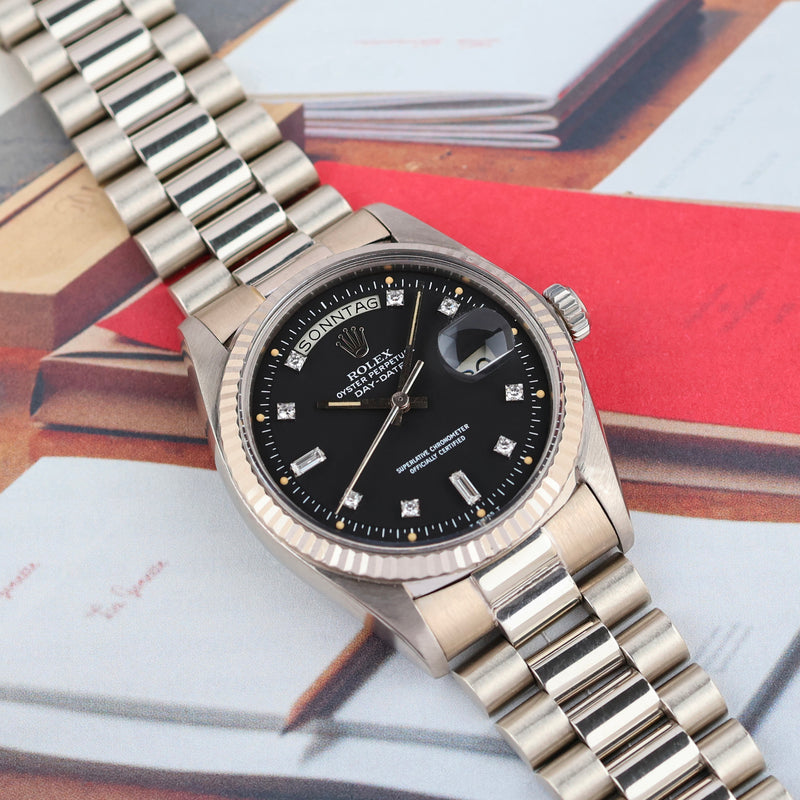 1976 Rolex Oyster Perpetual Day-Date 18k White Gold Diamond-set black matte Dial 1803