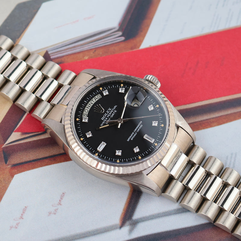 1976 Rolex Oyster Perpetual Day-Date 18k White Gold Diamond-set black matte Dial 1803