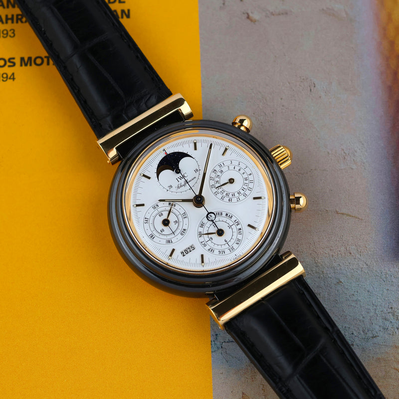1990s IWC Da Vinci Ceramic 18k Yellow Gold Perpetual Calendar Chronograph 3755 with International Guarantee IWC service papers and documentation