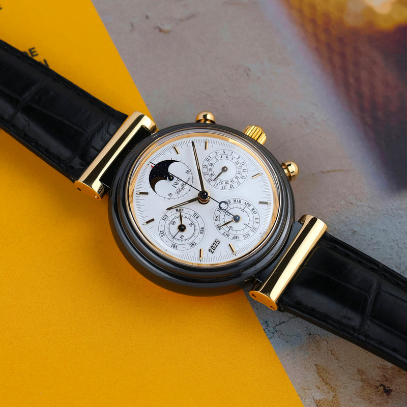 1990s IWC Da Vinci Ceramic 18k Yellow Gold Perpetual Calendar Chronograph 3755 with International Guarantee IWC service papers and documentation