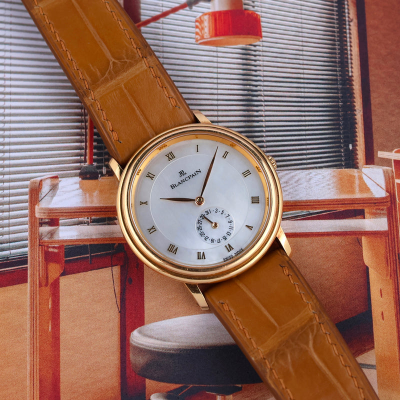 1990s Blancpain Villeret Date 18k Yellow Gold Mother of Pearl Dial 4795 with Original Papers and Booklet