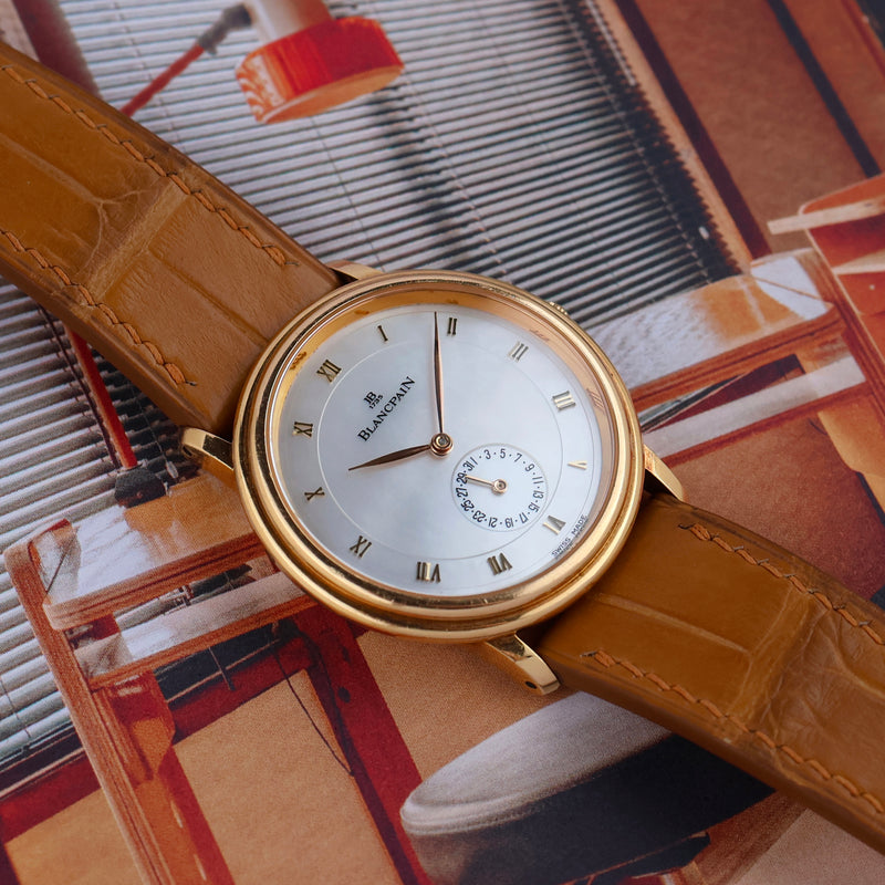 1990s Blancpain Villeret Date 18k Yellow Gold Mother of Pearl Dial 4795 with Original Papers and Booklet