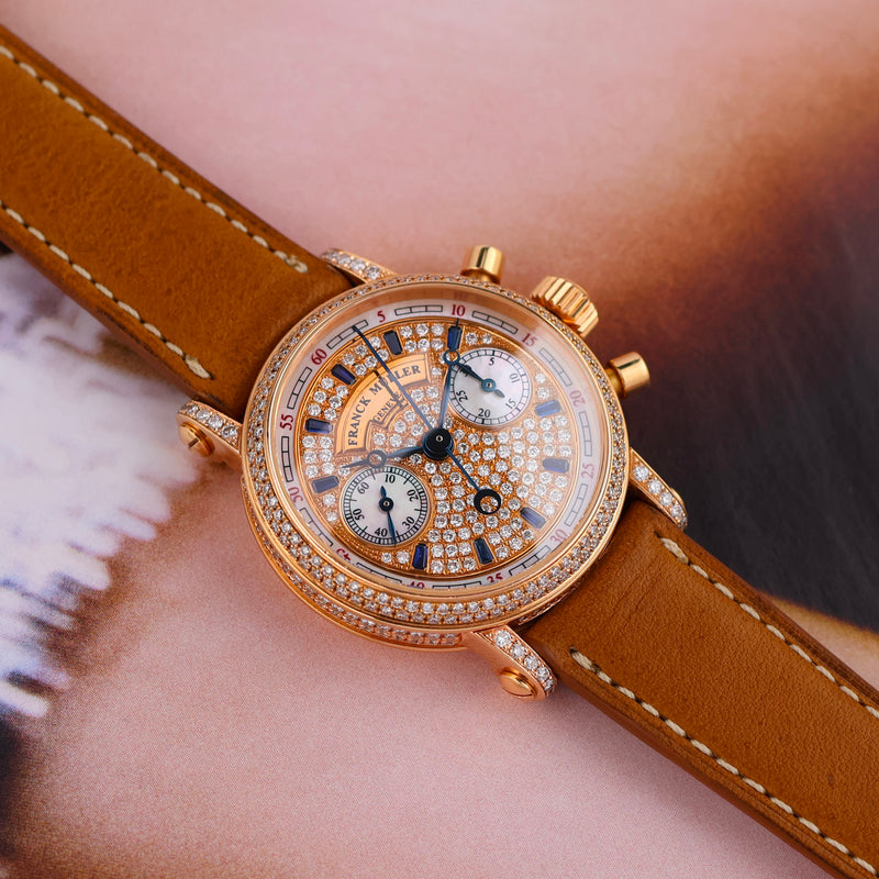 2000s Limited Edition Franck Muller Master of Complications Chronograph Diamond-set case and bezel 18k Yellow Gold Pavé Diamonds Mother of Pearl and Sapphire Dial 2960