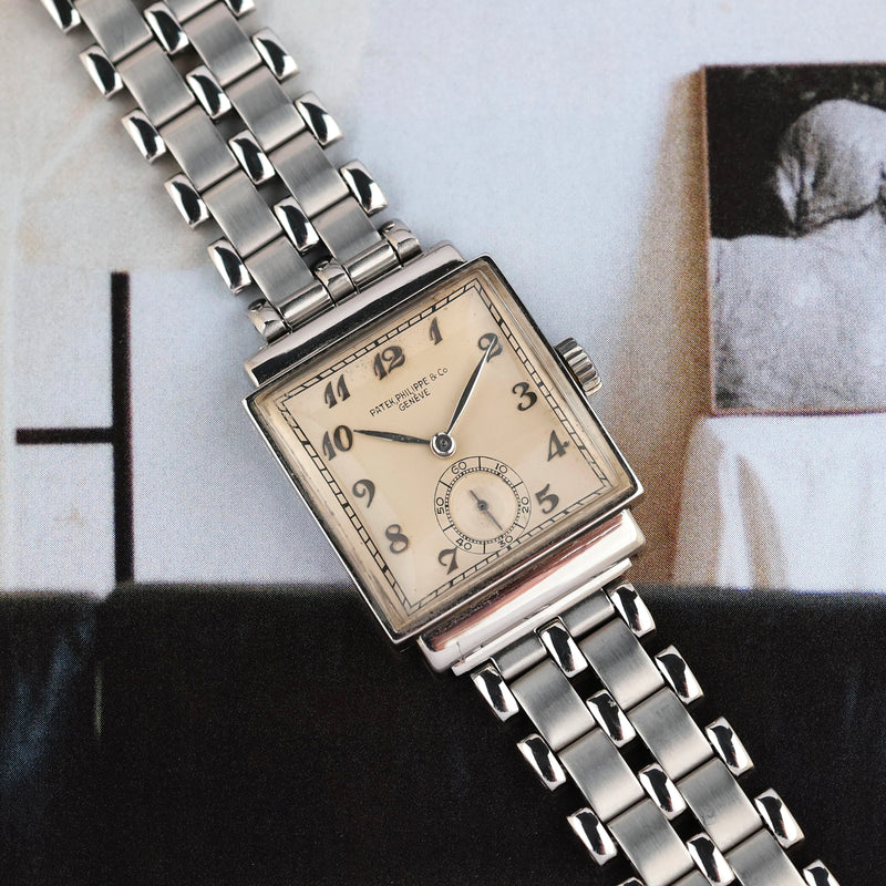 1943 Patek Philippe "Square" Stainless Steel Silvered Breguet Numerals Dial 1408 With Extract from the Archives