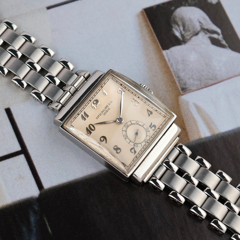1943 Patek Philippe "Square" Stainless Steel Silvered Breguet Numerals Dial 1408 With Extract from the Archives
