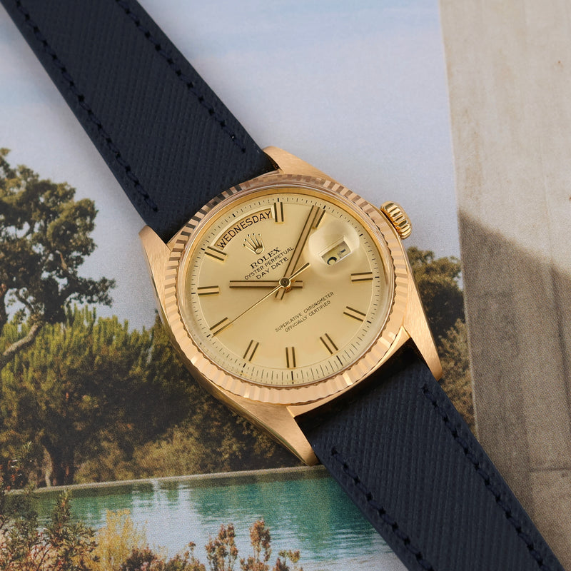 1971 Rolex Oyster Perpetual Day-Date 18k Yellow Gold No Lume "Wide Boy" Gold Dial 1803