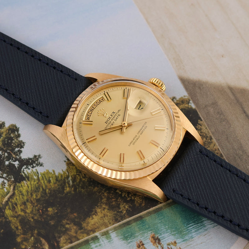 1971 Rolex Oyster Perpetual Day-Date 18k Yellow Gold No Lume "Wide Boy" Gold Dial 1803