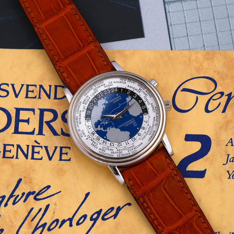 1998 Andersen Genève Christophorus Columbus "World Time" 18k White Gold Limited Edition of 500 pieces with Box and papers