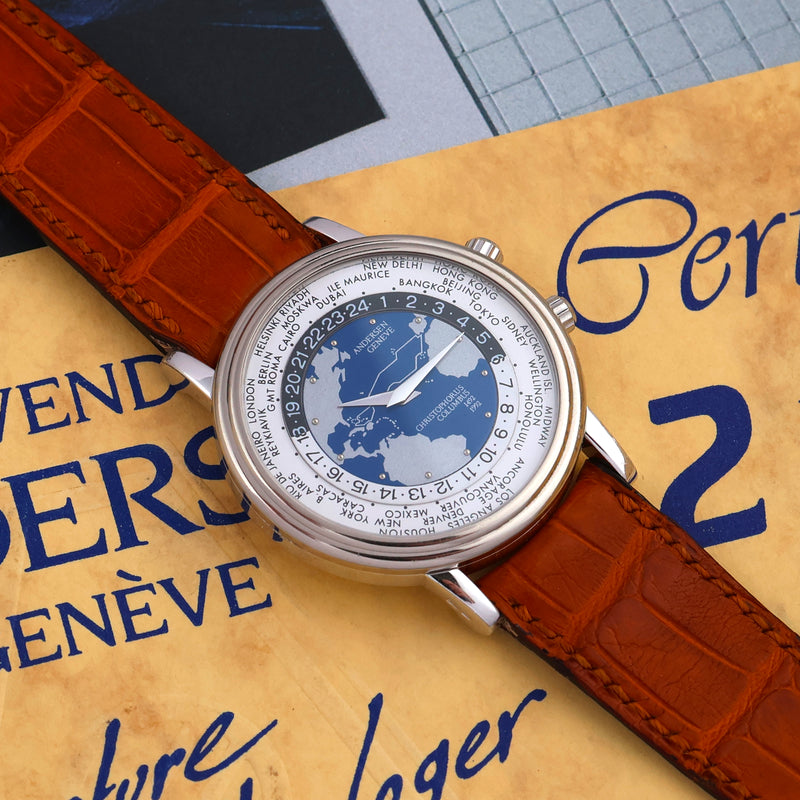 1998 Andersen Genève Christophorus Columbus "World Time" 18k White Gold Limited Edition of 500 pieces with Box and papers