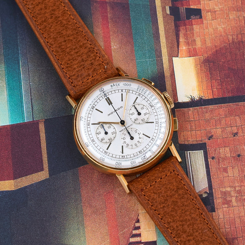 1940s Movado Chronograph "M95" Favre & Perret 18k Yellow Gold Case Non Magnetic Silvered Dial
