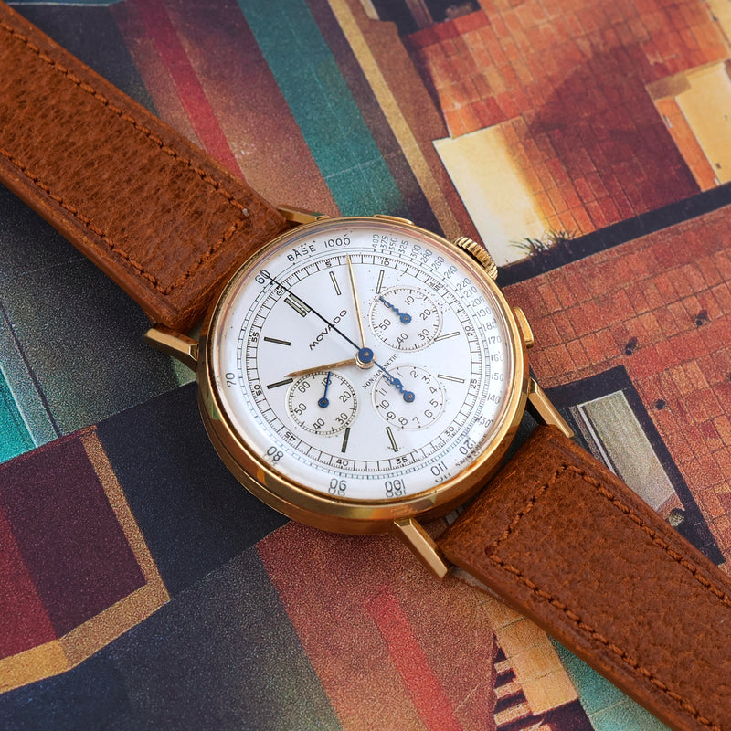 1940s Movado Chronograph "M95" Favre & Perret 18k Yellow Gold Case Non Magnetic Silvered Dial