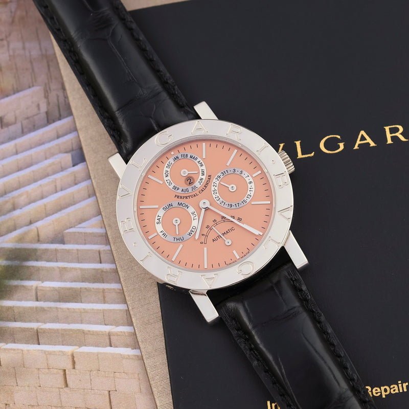 2000s Limited Edition of 99 Timepieces Bvlgari Platinum Perpetual Calendar Retrograde Seconds Salmon Dial BB38 PLPC with Service and invoice papers