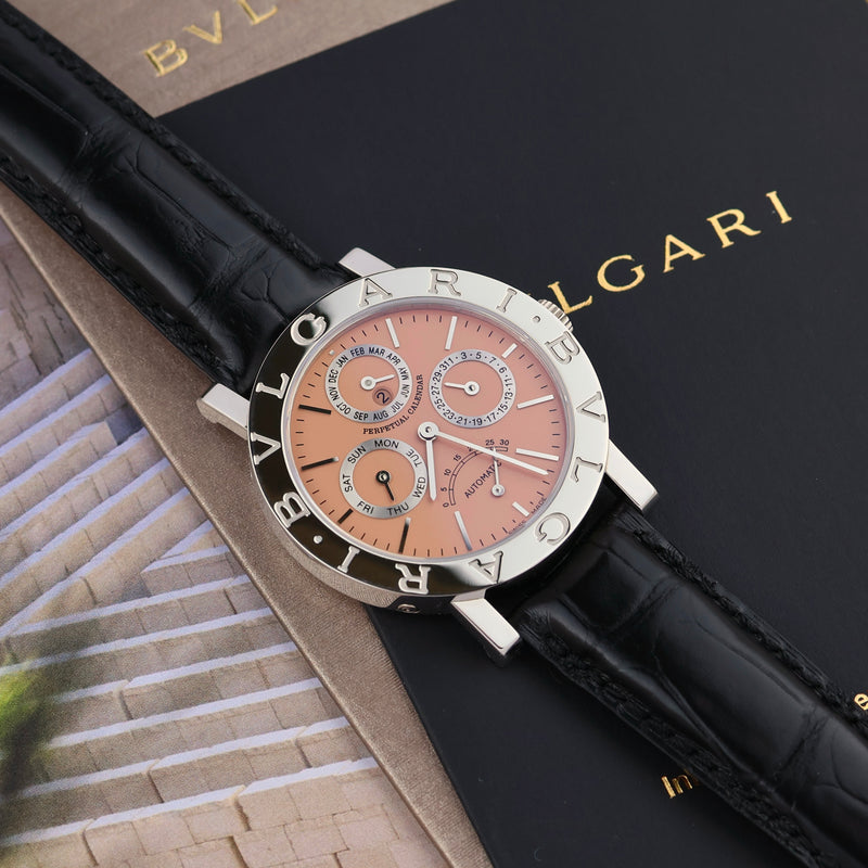 2000s Limited Edition of 99 Timepieces Bvlgari Platinum Perpetual Calendar Retrograde Seconds Salmon Dial BB38 PLPC with Service and invoice papers