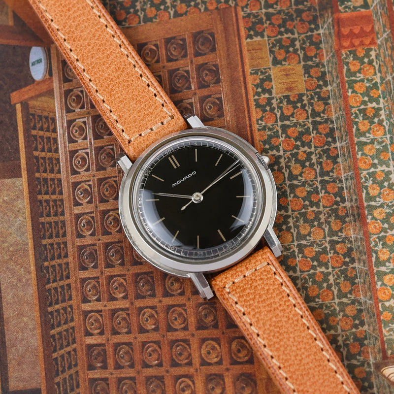 1940s Movado Time Only "Art Deco" Silver Print Glossy black Dial 14774
