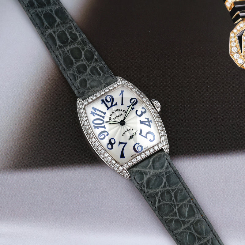 2000s Franck Muller Genève Master of Complications 18k White Gold Cintrée Curvex Diamond-set half case Sunset Blue numerals Dial 7500 S6 D