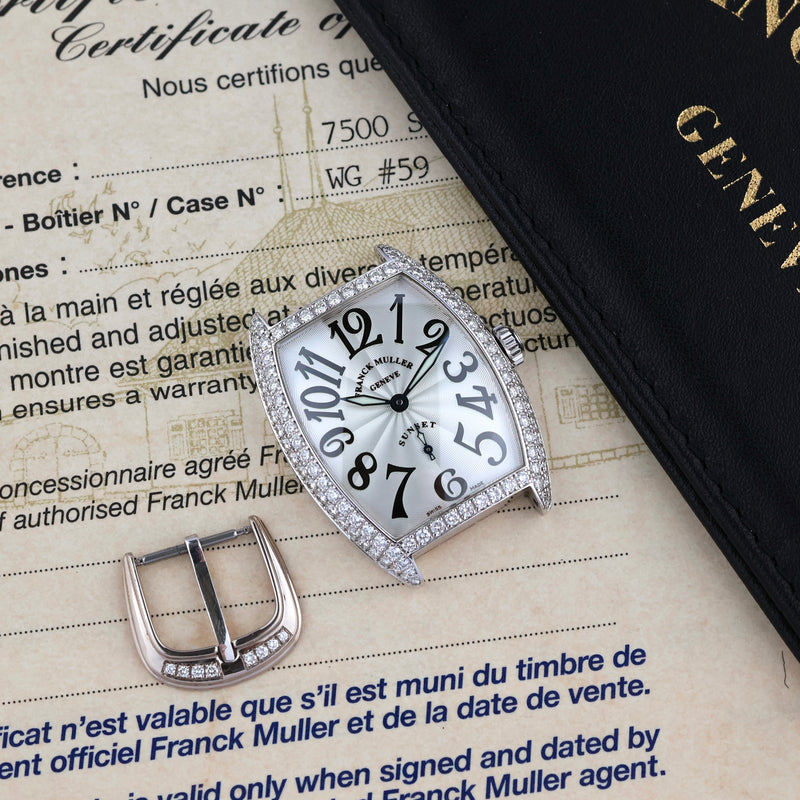 2000s Franck Muller Genève Master of Complications 18k White Gold Cintrée Curvex Diamond-set half case Sunset Black numerals Dial 7500 S6 D with papers