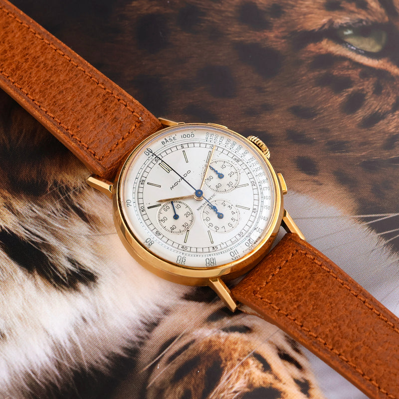 1940s Movado Chronograph "M95" Favre & Perret 18k Yellow Gold Case Non Magnetic Silvered Dial
