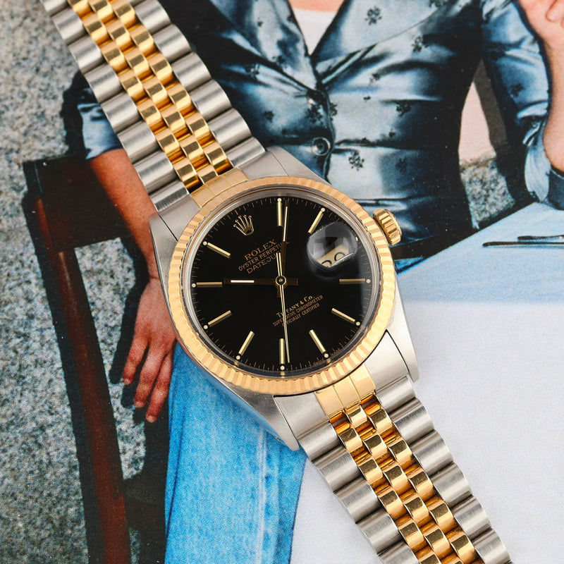 1987 Rolex Oyster Perpetual Datejust 18k Yellow Gold/Steel Double Signed Tiffany & Co. Black Dial 16013