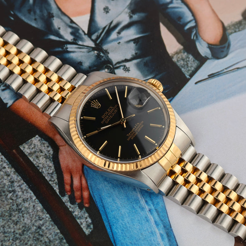 1987 Rolex Oyster Perpetual Datejust 18k Yellow Gold/Steel Double Signed Tiffany & Co. Black Dial 16013
