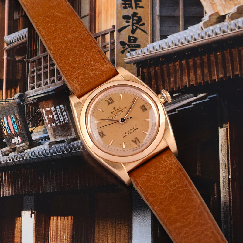1947 Rolex Oyster Perpetual Bubbleback 18k Pink Gold Double Signed Serpico Y Laino Pink Dial 3131