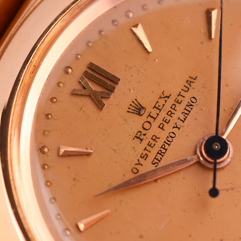 1947 Rolex Oyster Perpetual Bubbleback 18k Pink Gold Double Signed Serpico Y Laino Pink Dial 3131