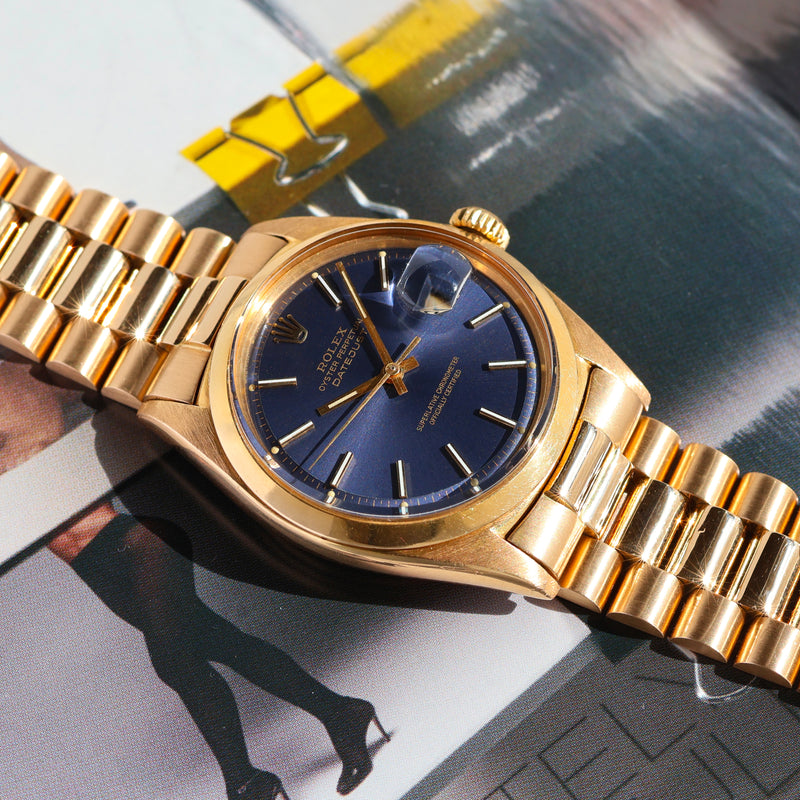1968 Rolex Oyster Perpetual Datejust 18k Yellow Gold Blue Dial 1600