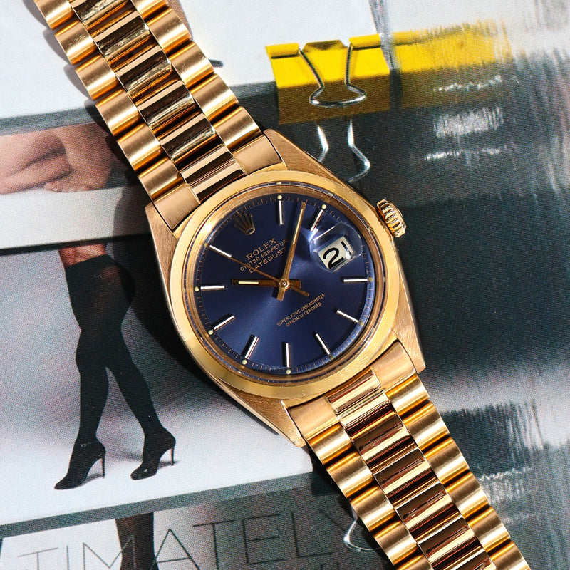 1968 Rolex Oyster Perpetual Datejust 18k Yellow Gold Blue Dial 1600