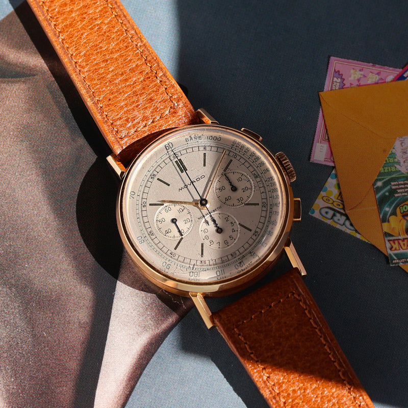1940s Movado Chronograph "M95" Favre & Perret 18k Yellow Gold Case Non Magnetic Silvered Dial