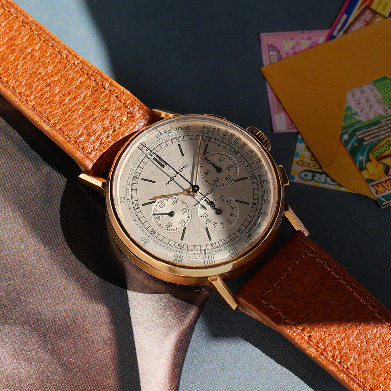 1940s Movado Chronograph "M95" Favre & Perret 18k Yellow Gold Case Non Magnetic Silvered Dial