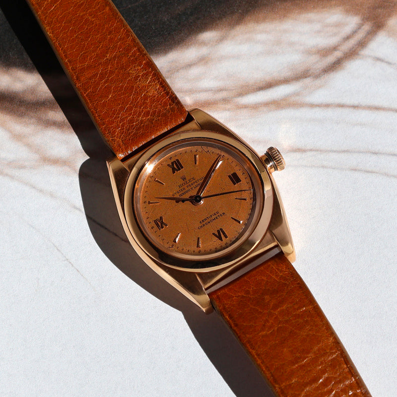 1947 Rolex Oyster Perpetual Bubbleback 18k Pink Gold Double Signed Serpico Y Laino Pink Dial 3131
