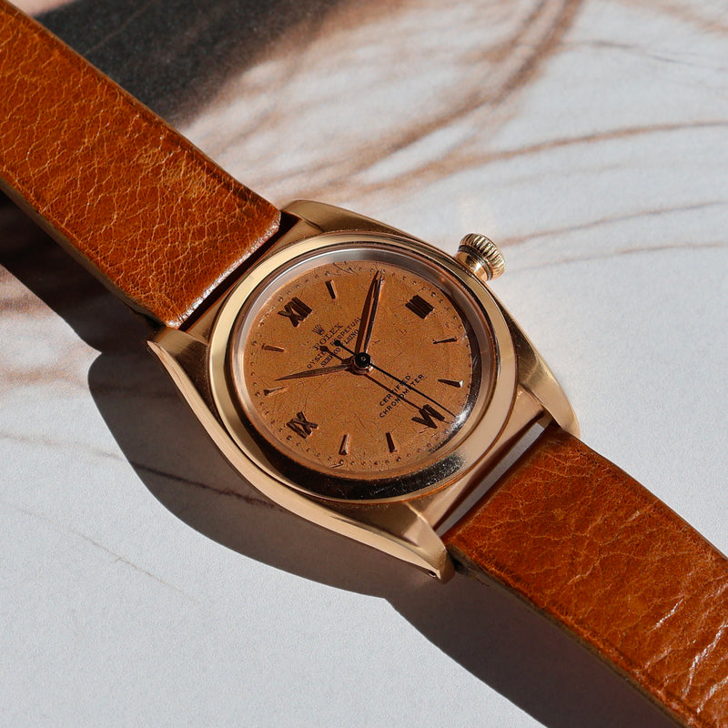 1947 Rolex Oyster Perpetual Bubbleback 18k Pink Gold Double Signed Serpico Y Laino Pink Dial 3131