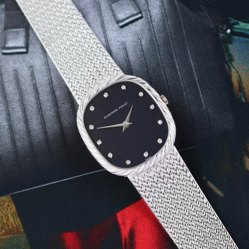1980s Audemars Piguet Ellipse Cobra 18k White Gold Knitted bracelet Diamond-set Navy Dial