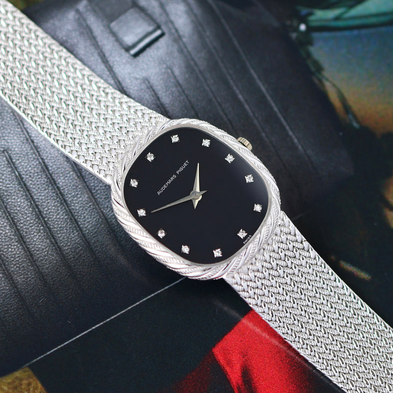 1980s Audemars Piguet Ellipse Cobra 18k White Gold Knitted bracelet Diamond-set Navy Dial