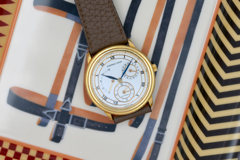1990s Audemars Piguet Dual Time 18k Yellow Gold White Dial 25685 BA