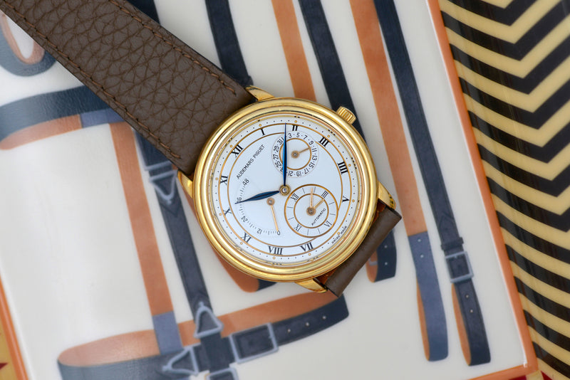 1990s Audemars Piguet Dual Time 18k Yellow Gold White Dial 25685 BA