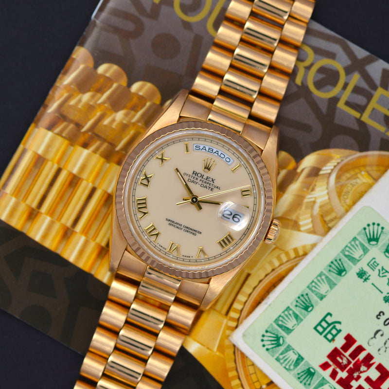 1992 Rolex Oyster Perpetual Day-Date 18k Yellow Gold "Crema di panna" 18238 with box and papers