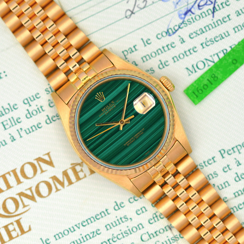 1983 Rolex Oyster Perpetual Datejust 18k Yellow Gold "Malachite" Dial 16018 with LC100 Wempe Papers